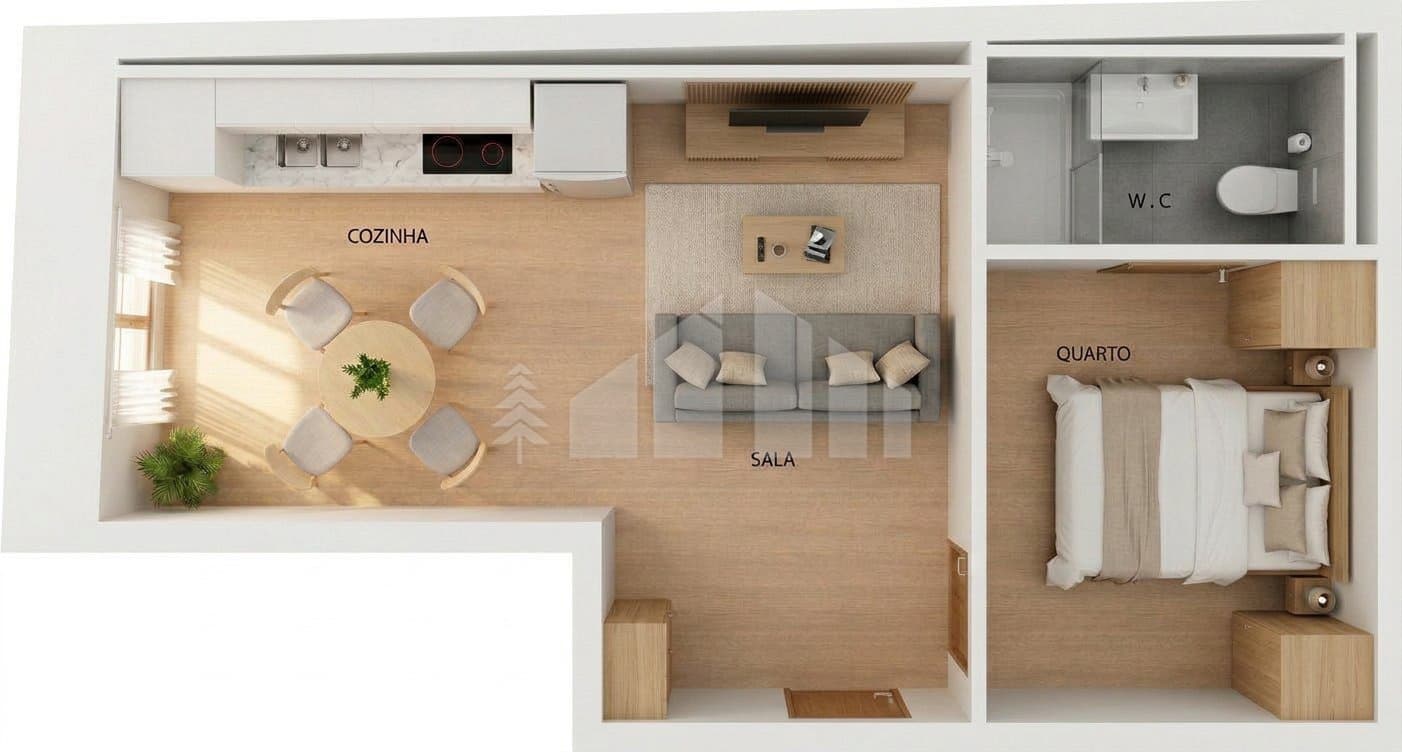 Planta T1 · 1 quarto · 28,5 m²